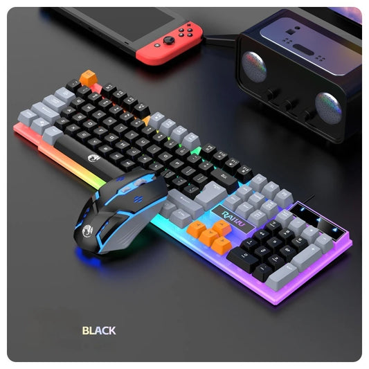 RAIKU T26 Wired Color Blocked Gaming Keyboard Mouse Set Ergonomics Mixed Light Feel Desktop Computer Laptop Keyboard and Mouse