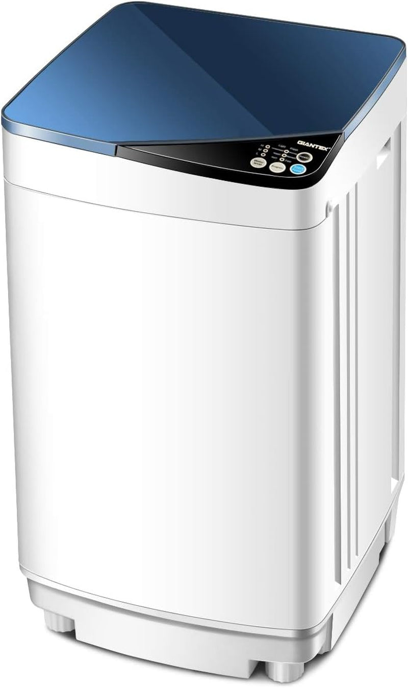 Full-Automatic Washing Machine Portable Washer and Spin Dryer 7.7 Lbs Capacity Compact Laundry Washer with Built-In Barrel Light Drain Pump and Long Hose for Apartments Camping (White & Blue)