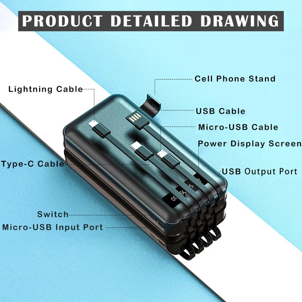 JIUMESS 20000Mah Power Bank Portable Charger with Cables, USB Fast Charging for Phone