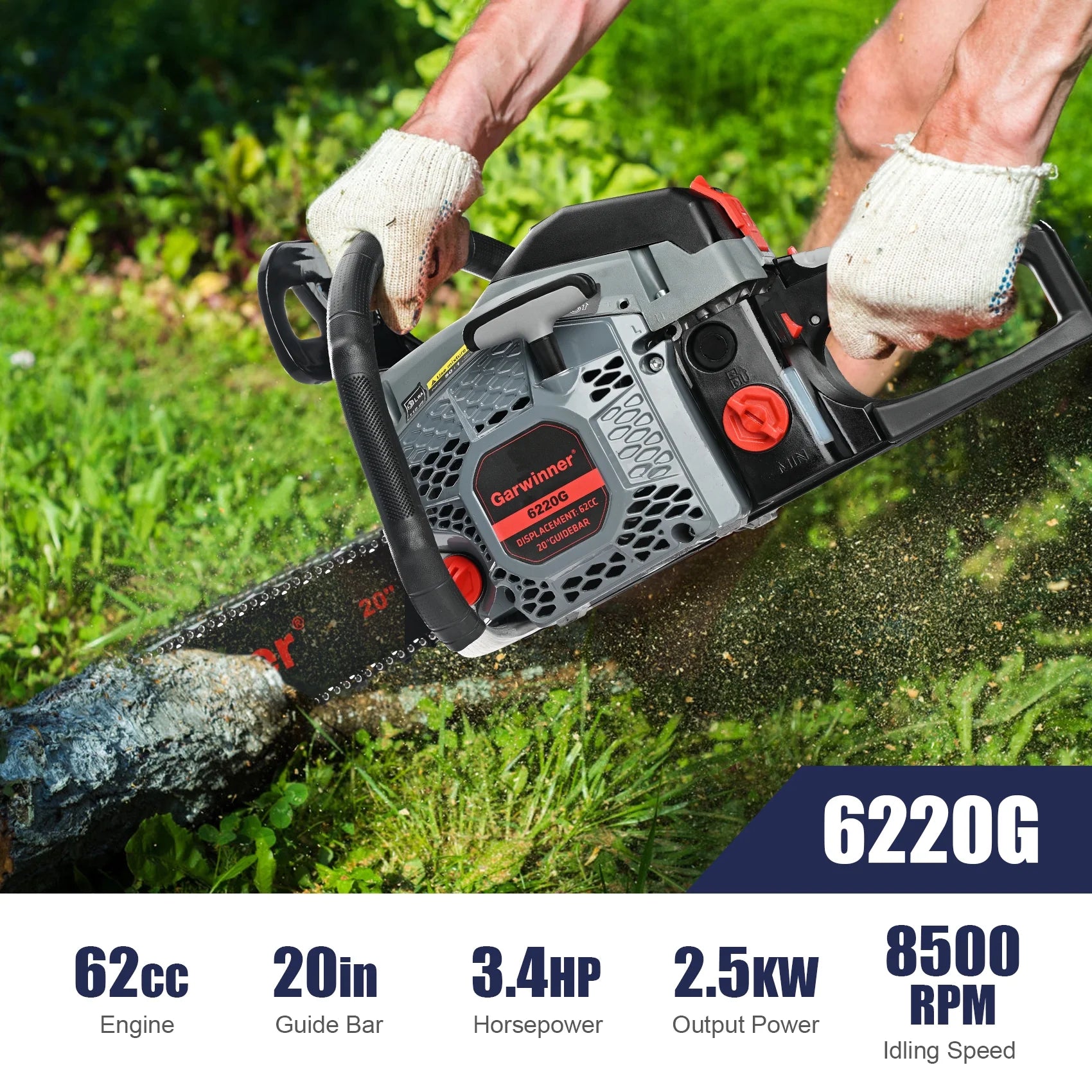 Gas Chainsaw 20'' 2-Stroke 62CC Cordless Chainsaw 6220G for Farm, Garden and Ranch for Cutting Wood