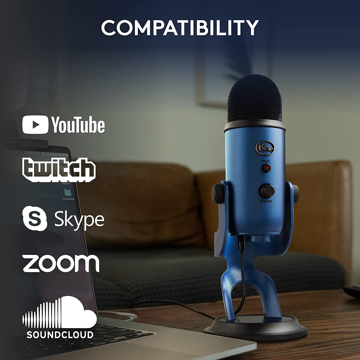 Blue Yeti USB Mic for Recording and Streaming on PC and Mac, Blue VO!CE Effects, 4 Pickup Patterns, Headphone Output and Volume Control, Adjustable Stand, Plug and Play – Midnight Blue