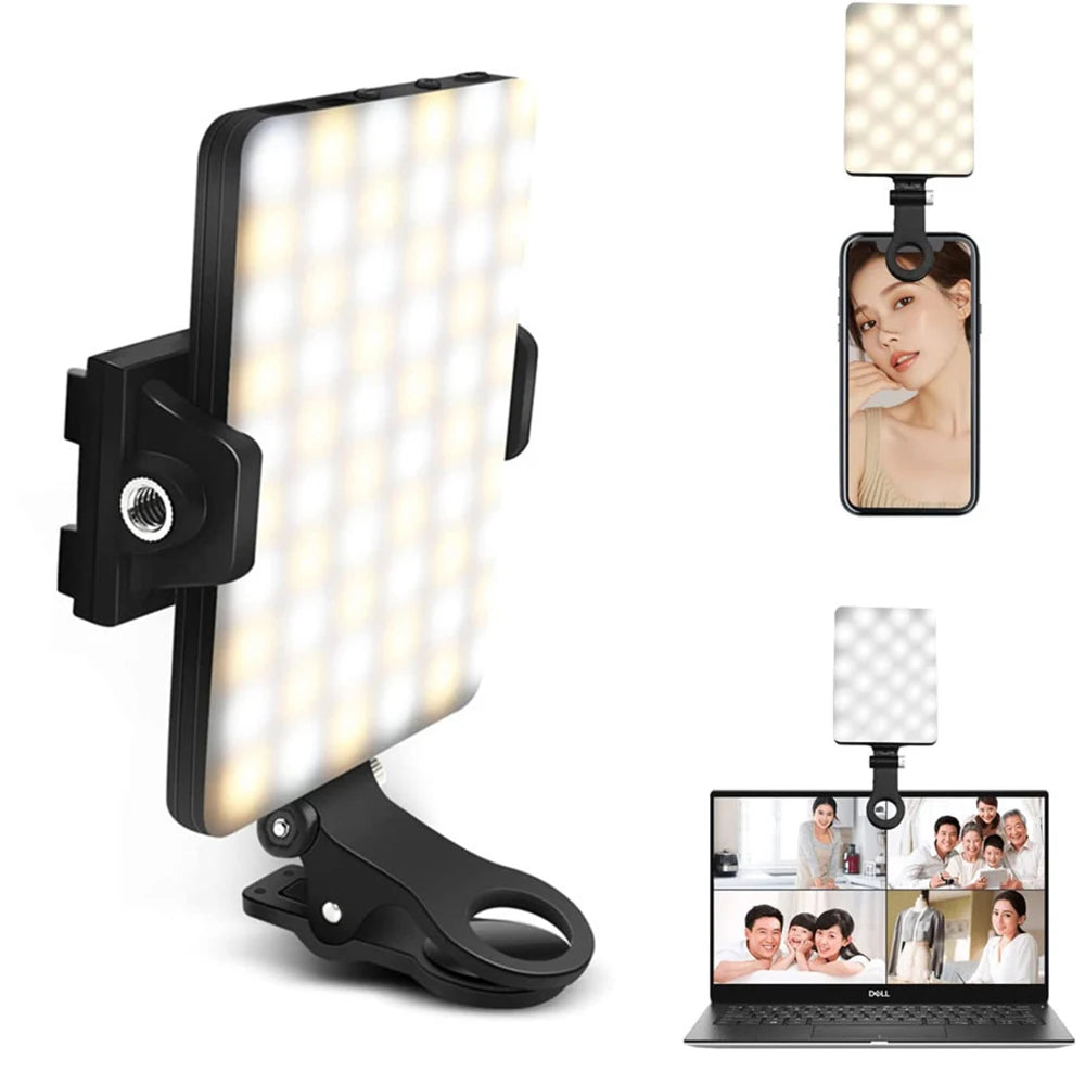 60 LED Selfie Light High Power Rechargeable Clip Fill Video Light with Front & Back Clip Adjusted 3 Light Modes for Phone Ipad