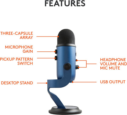 Blue Yeti USB Mic for Recording and Streaming on PC and Mac, Blue VO!CE Effects, 4 Pickup Patterns, Headphone Output and Volume Control, Adjustable Stand, Plug and Play – Midnight Blue