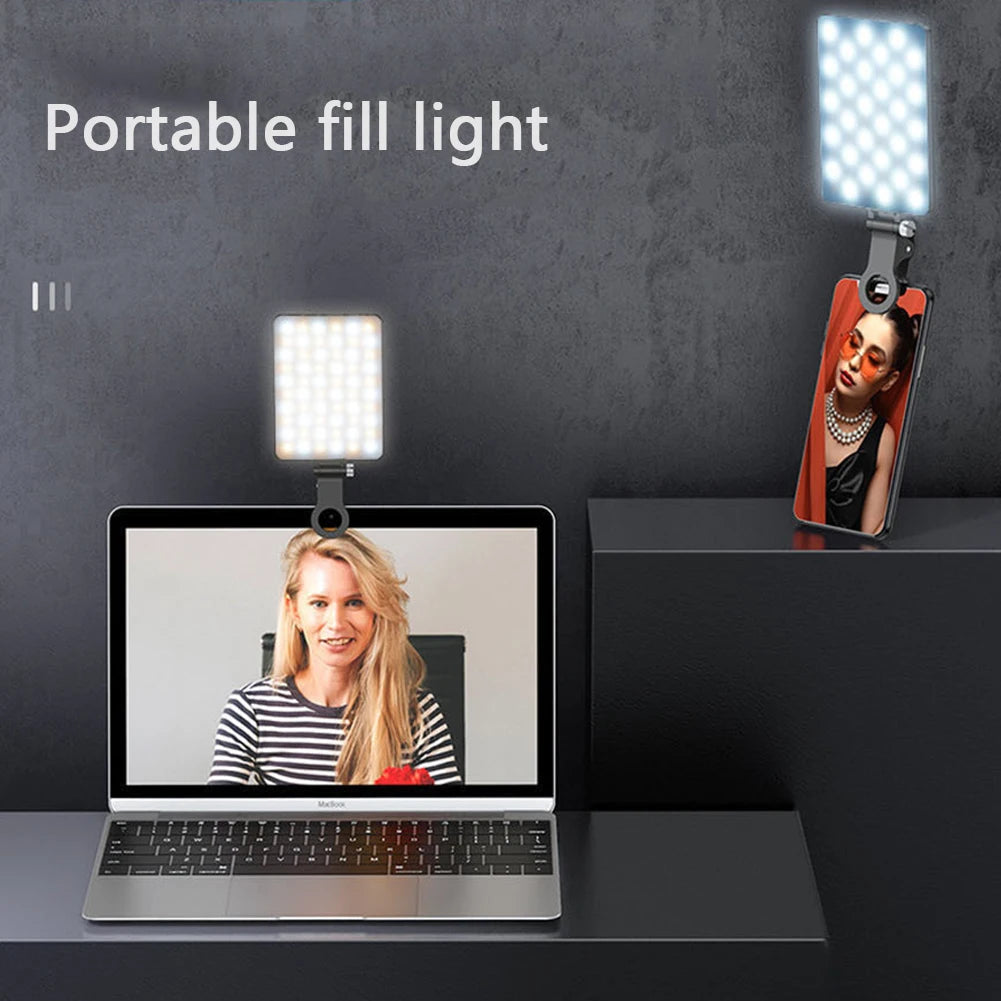 60 LED Selfie Light High Power Rechargeable Clip Fill Video Light with Front & Back Clip Adjusted 3 Light Modes for Phone Ipad