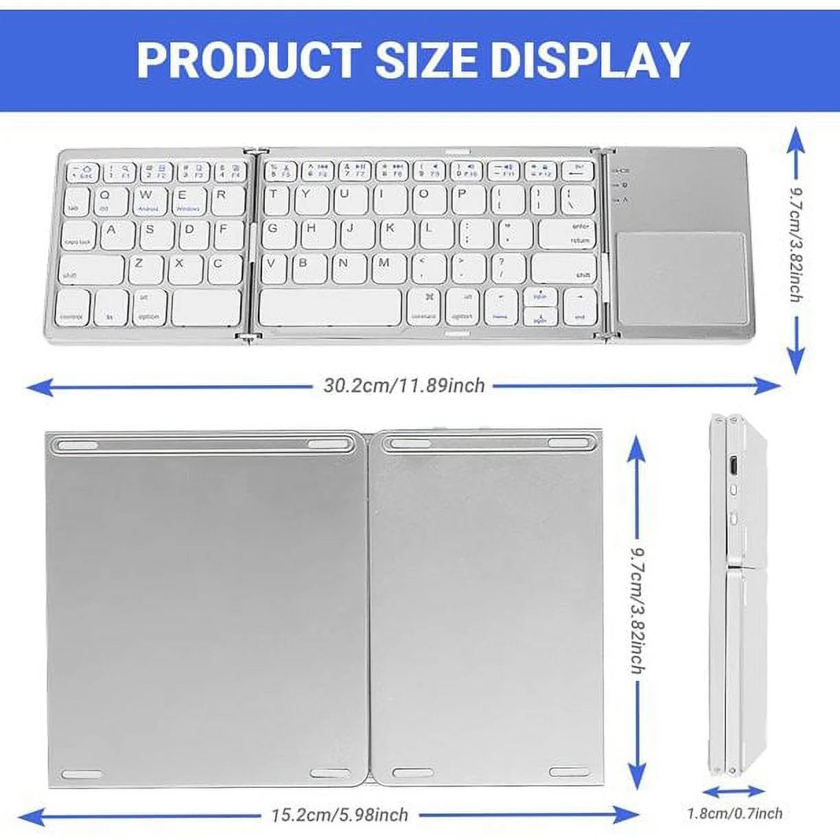 Foldable Bluetooth Keyboard, Tri- Folding Portable Wireless Keyboard with Touchpad, USB Rechargable BT Wireless Keyboard for Android, Windows System Laptop Tablet Smartphone Device(Gray)