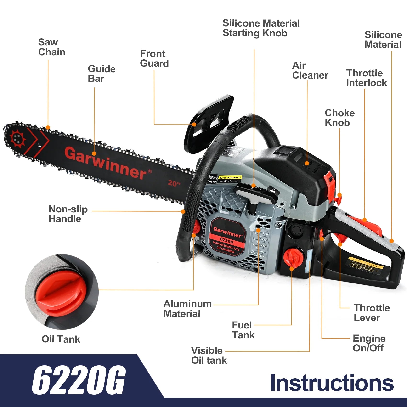 Gas Chainsaw 20'' 2-Stroke 62CC Cordless Chainsaw 6220G for Farm, Garden and Ranch for Cutting Wood